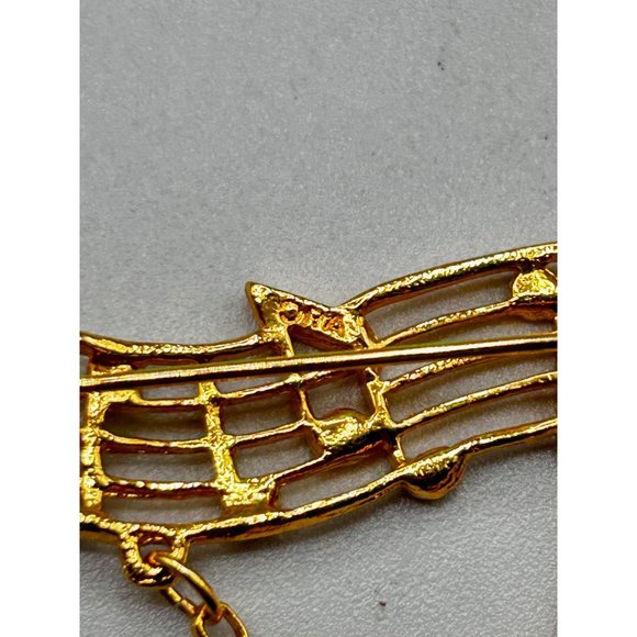 Signed ORA Vintage Musical Pin Brooch with Dangling Charm Gold Tone & Rhinestone - Picture 4 of 5